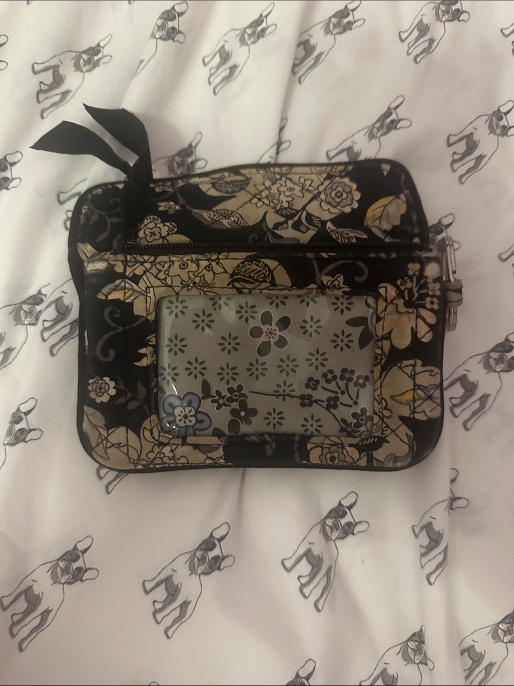 Floral Pattern Wristlet Wallet in Black and Beige - Picture 1 of 1